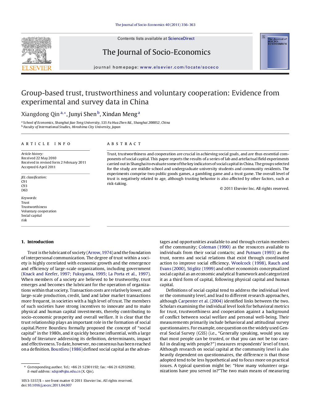 Group-based trust, trustworthiness and voluntary cooperation: Evidence from experimental and survey data in China