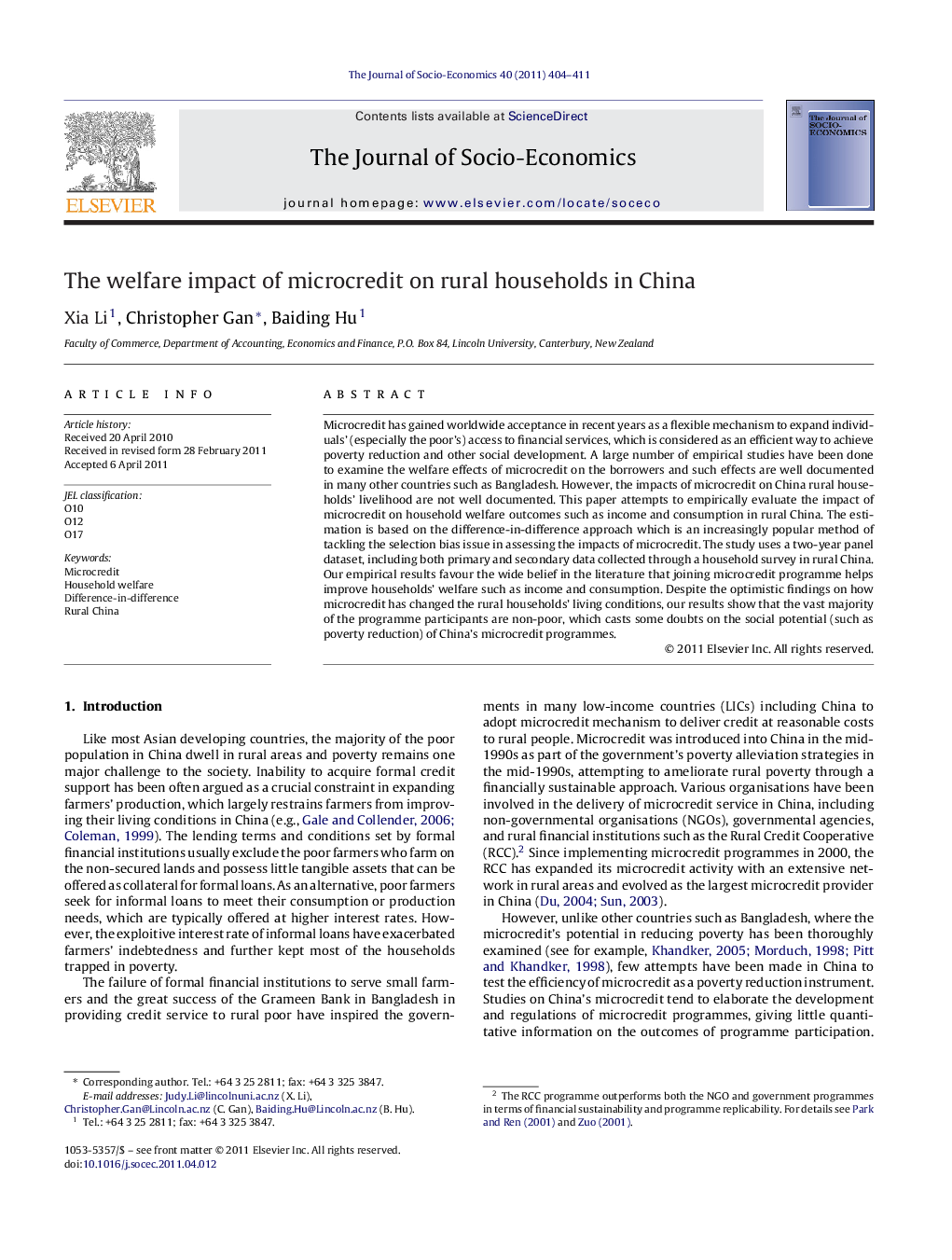 The welfare impact of microcredit on rural households in China