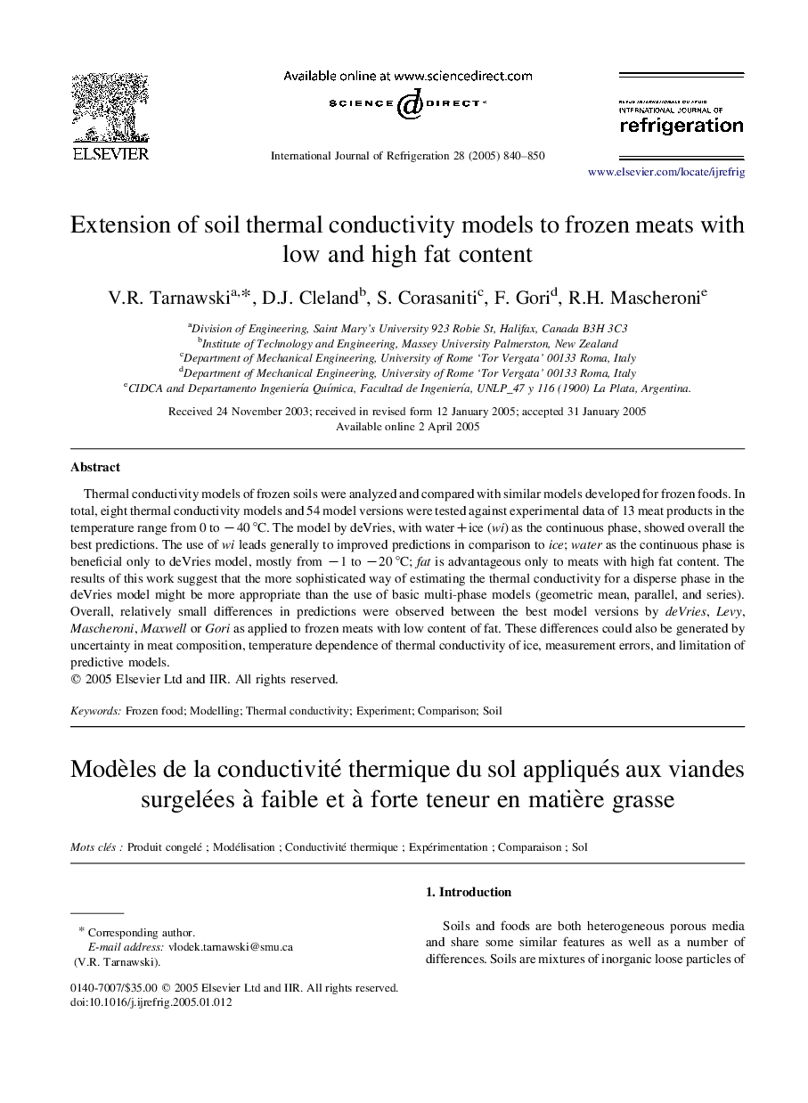 Extension of soil thermal conductivity models to frozen meats with low and high fat content