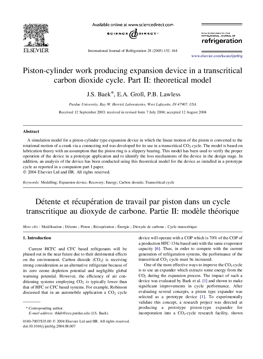 Piston-cylinder work producing expansion device in a transcritical carbon dioxide cycle. Part II: theoretical model