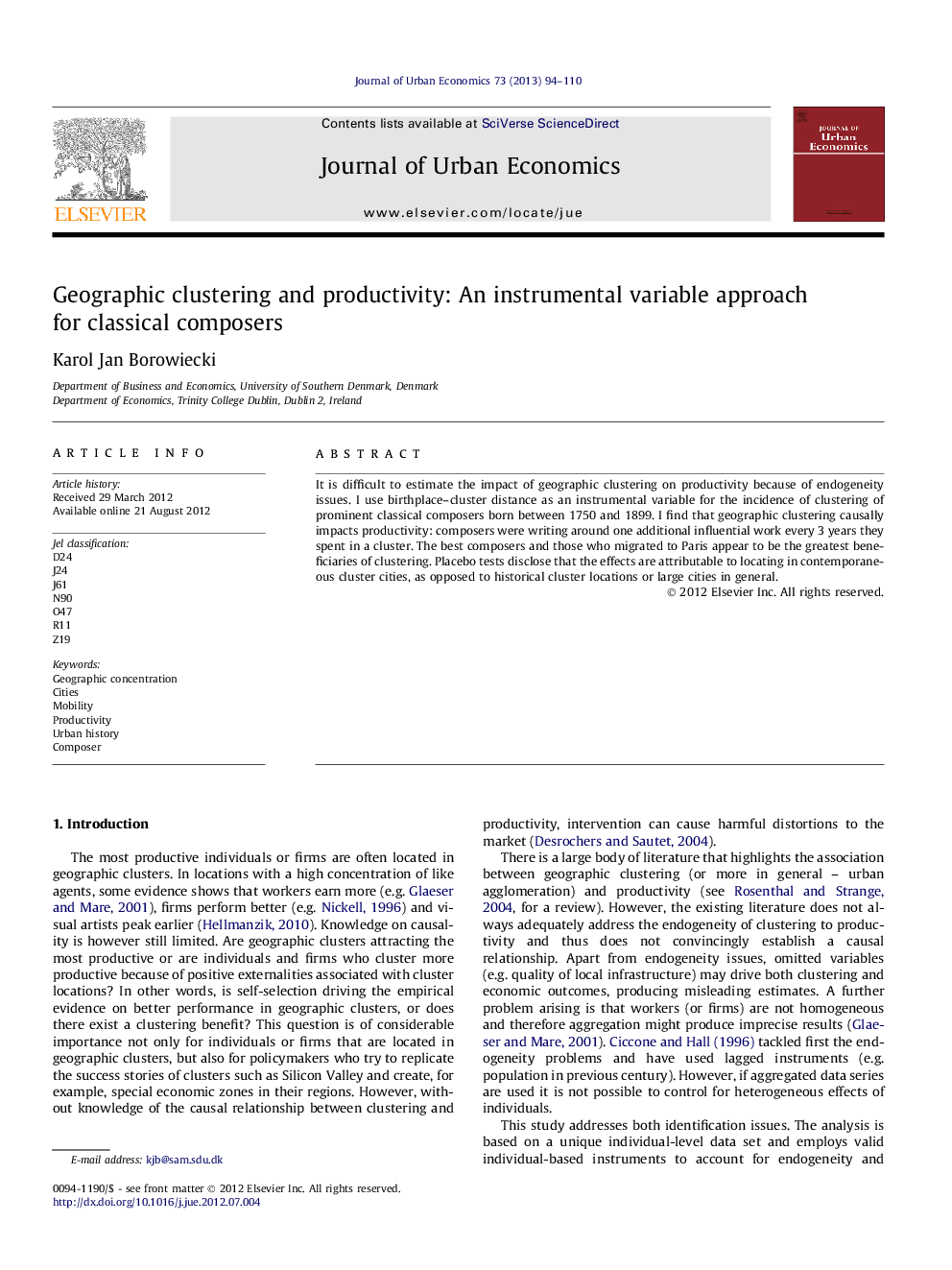 Geographic clustering and productivity: An instrumental variable approach for classical composers