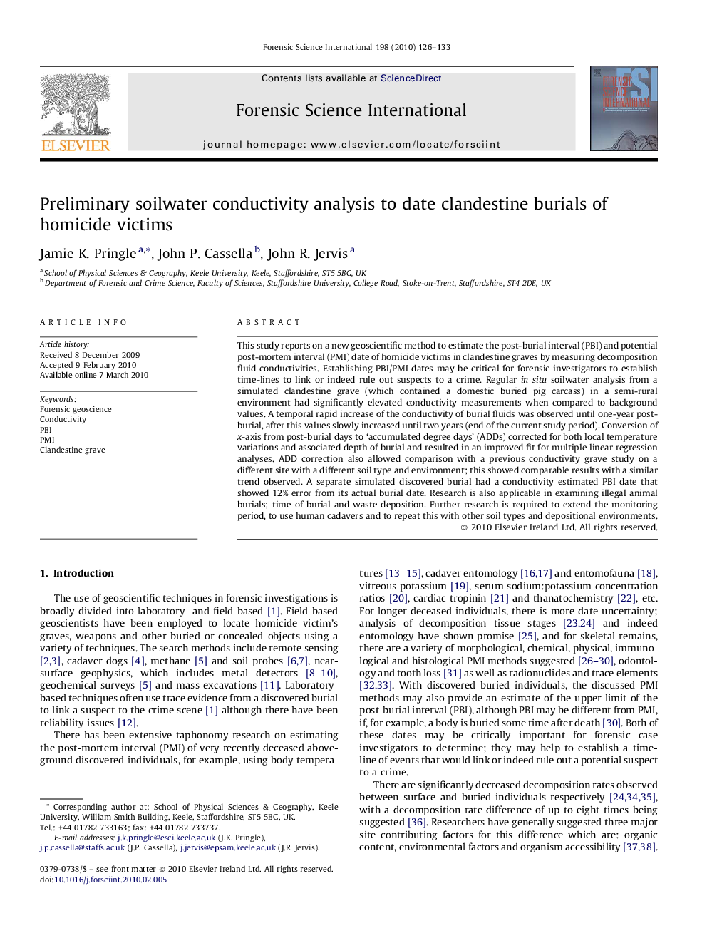 Preliminary soilwater conductivity analysis to date clandestine burials of homicide victims