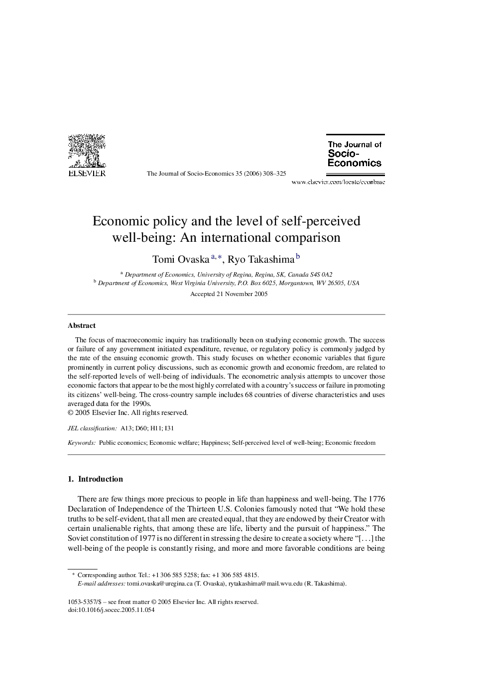 Economic policy and the level of self-perceived well-being: An international comparison