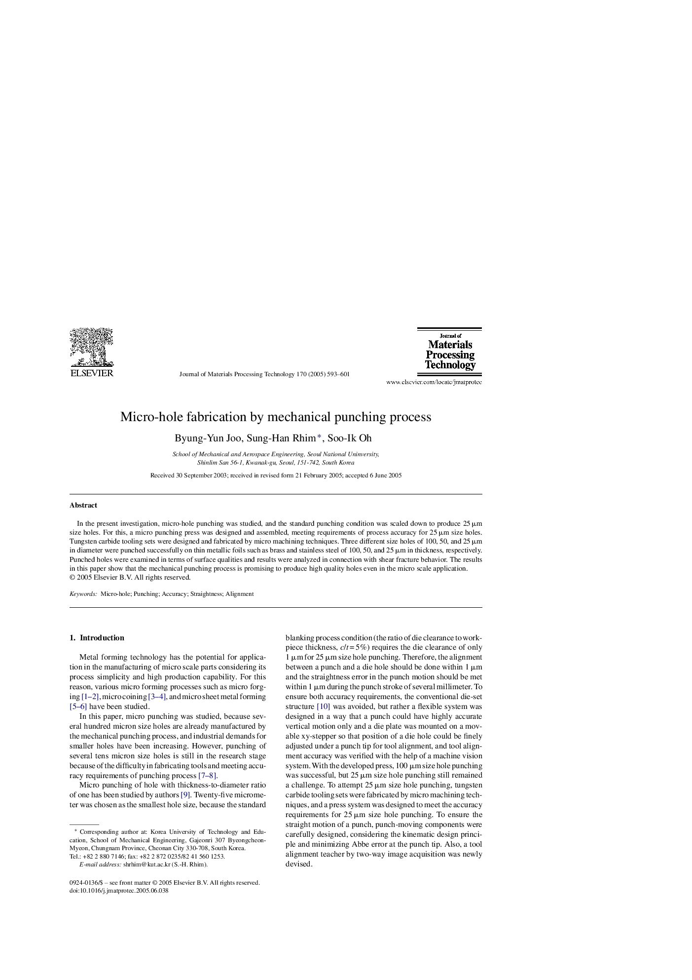 Micro-hole fabrication by mechanical punching process