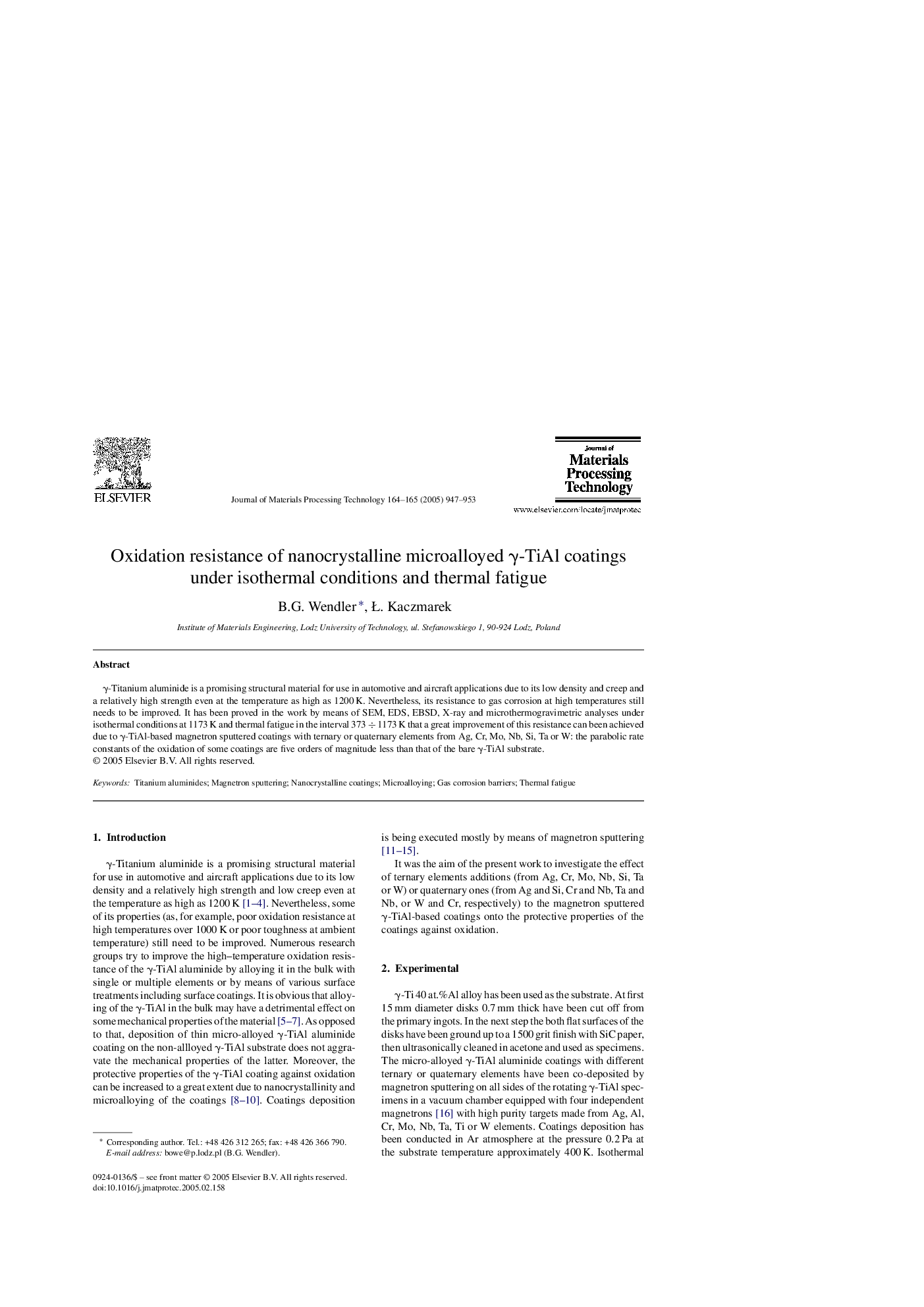 Oxidation resistance of nanocrystalline microalloyed Î³-TiAl coatings under isothermal conditions and thermal fatigue