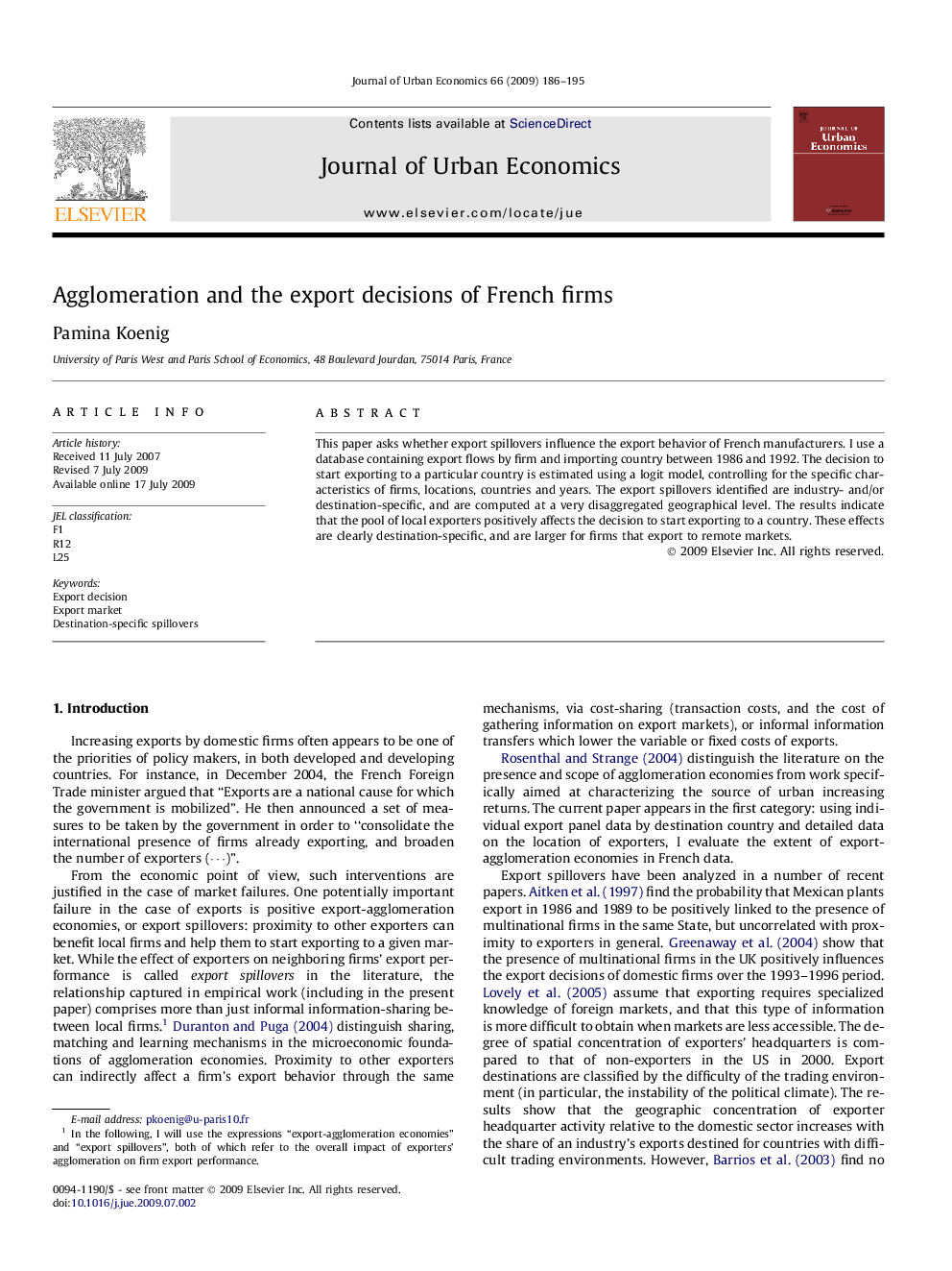 Agglomeration and the export decisions of French firms