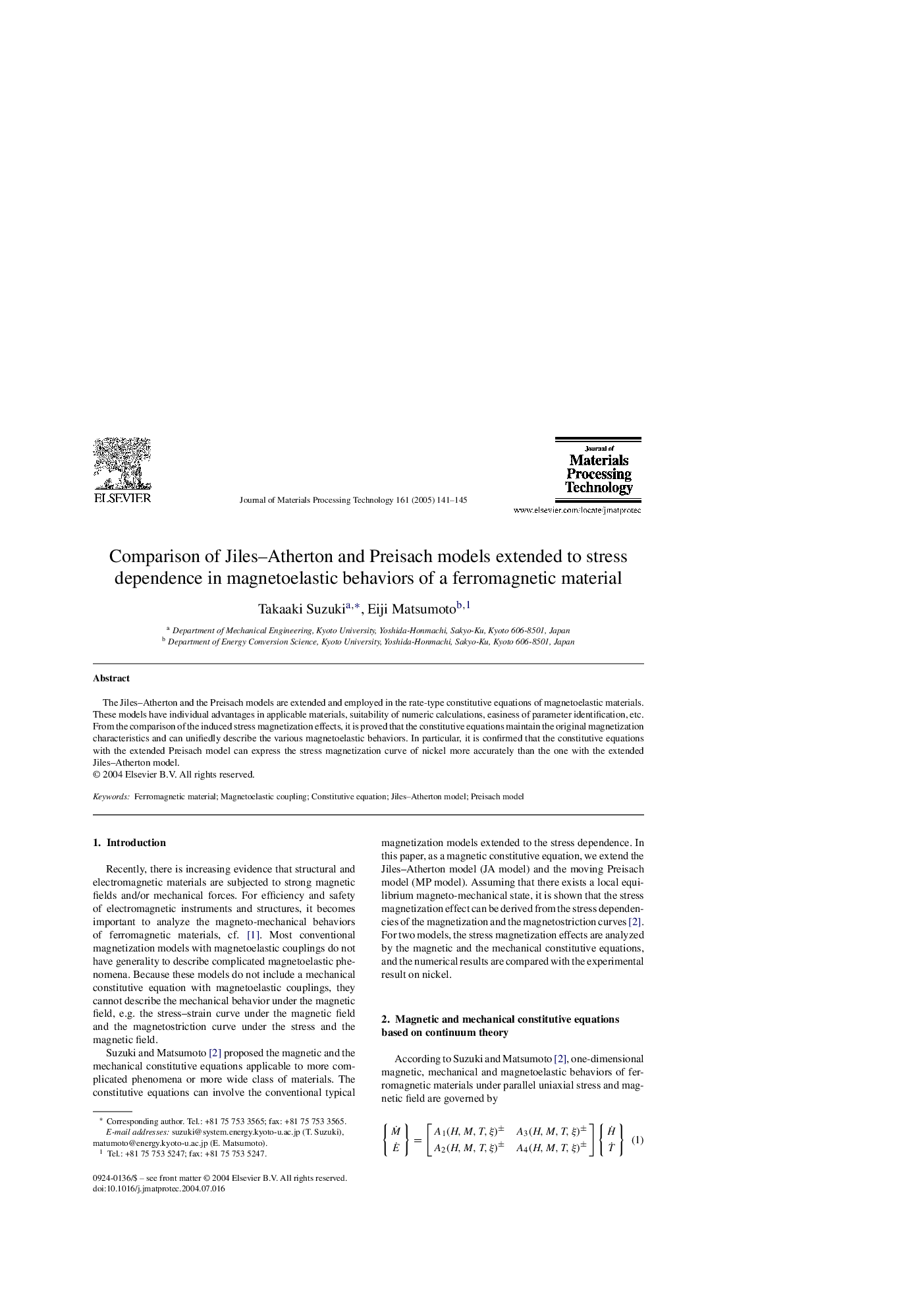 Comparison of Jiles-Atherton and Preisach models extended to stress dependence in magnetoelastic behaviors of a ferromagnetic material