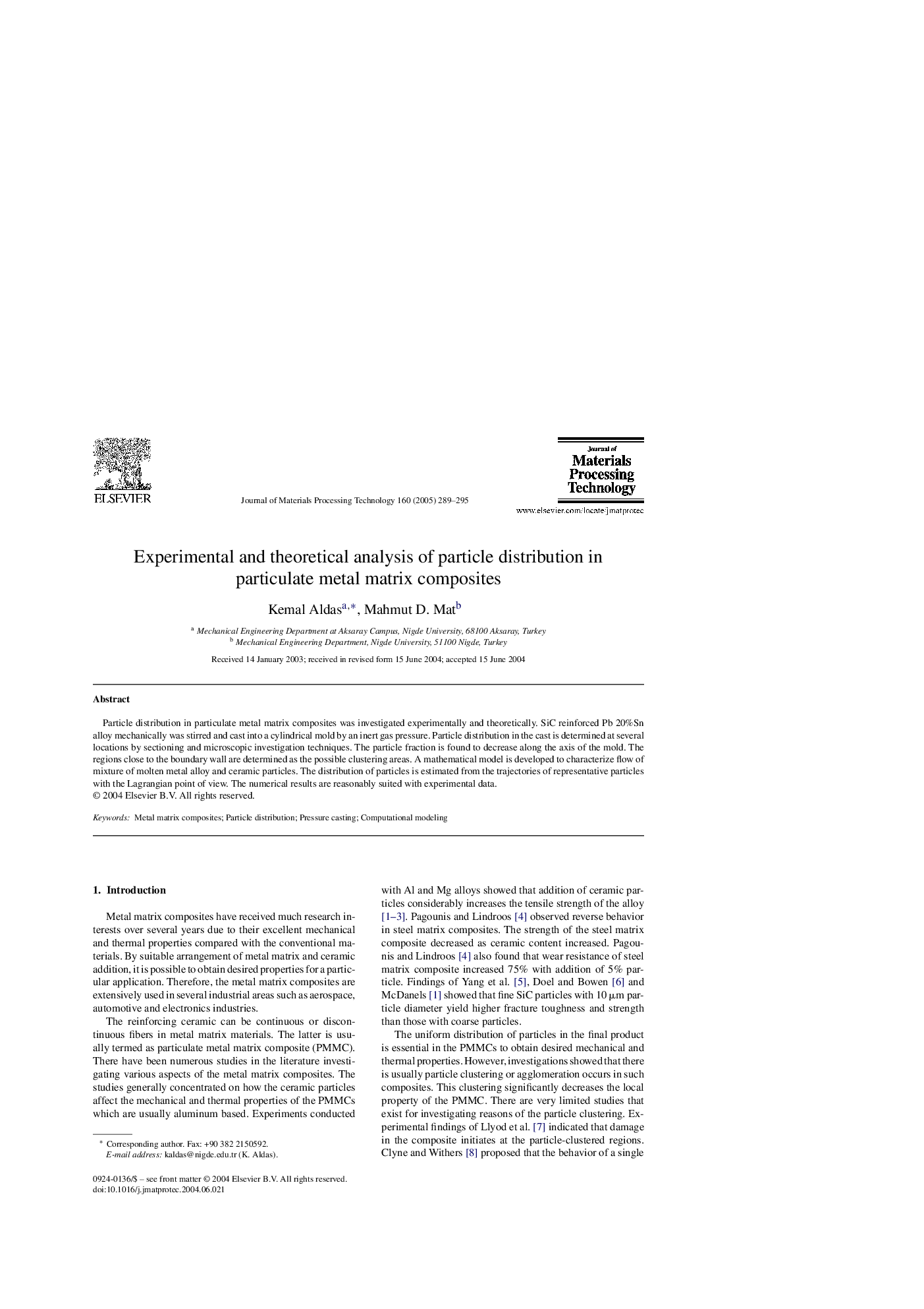 Experimental and theoretical analysis of particle distribution in particulate metal matrix composites