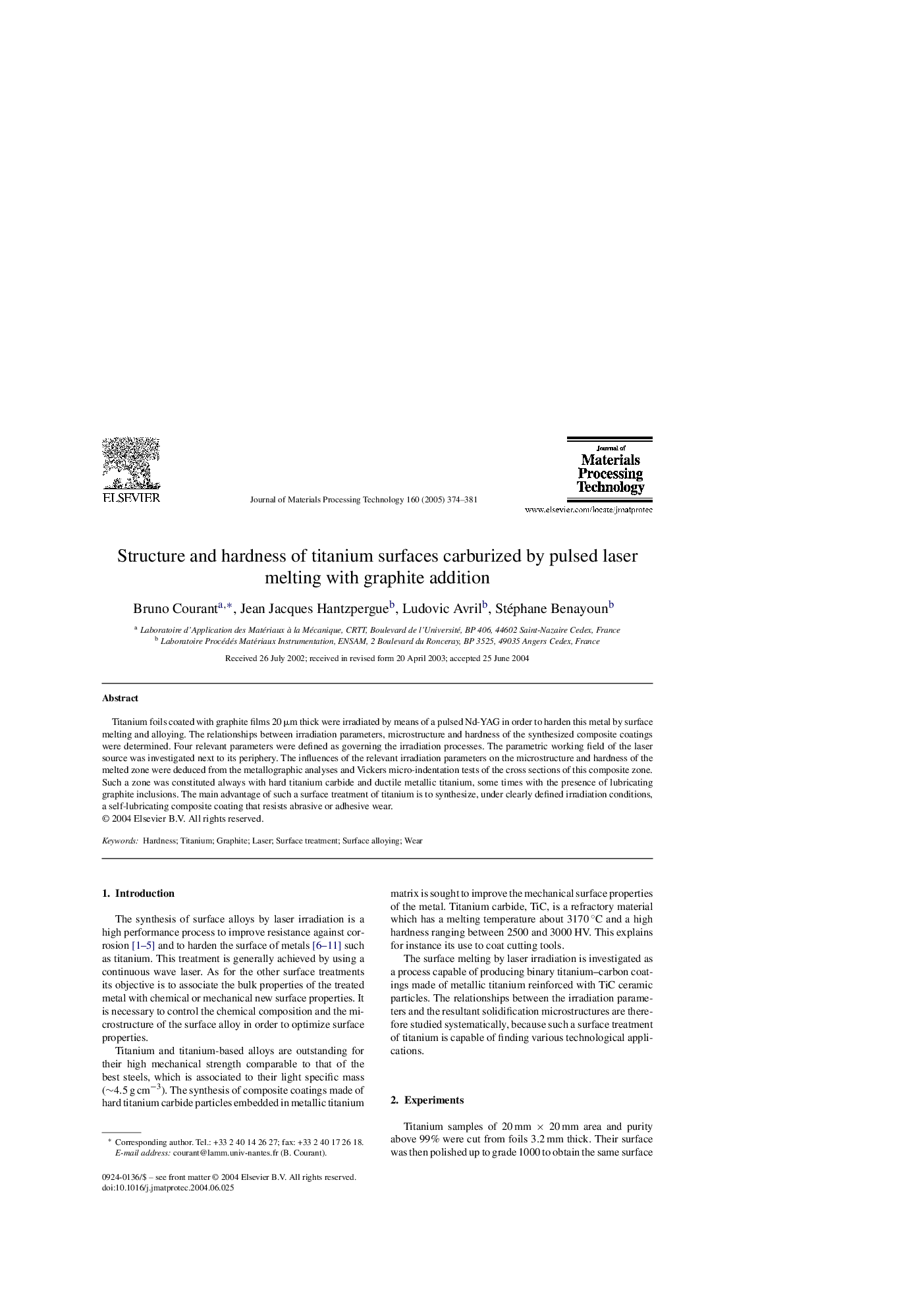 Structure and hardness of titanium surfaces carburized by pulsed laser melting with graphite addition