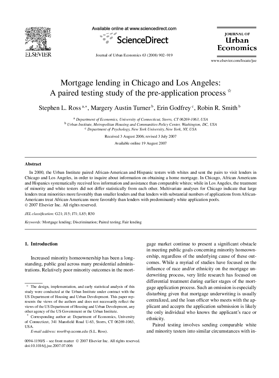 Mortgage lending in Chicago and Los Angeles: A paired testing study of the pre-application process 