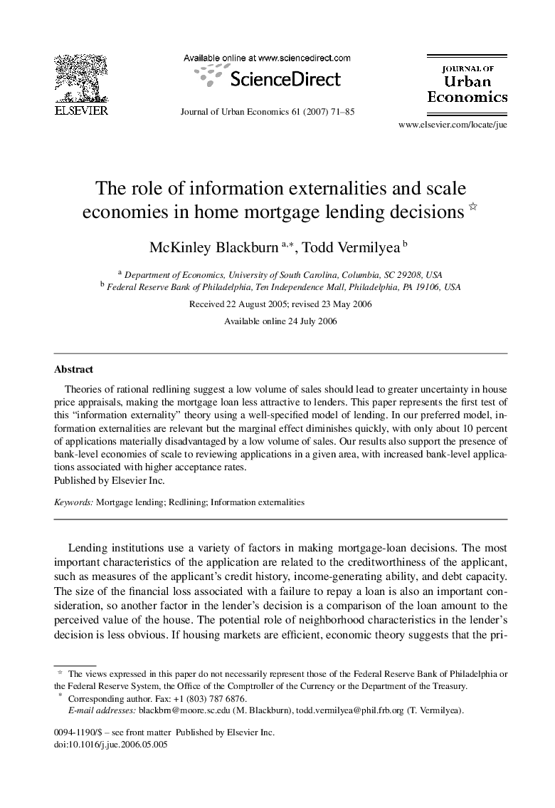 The role of information externalities and scale economies in home mortgage lending decisions 