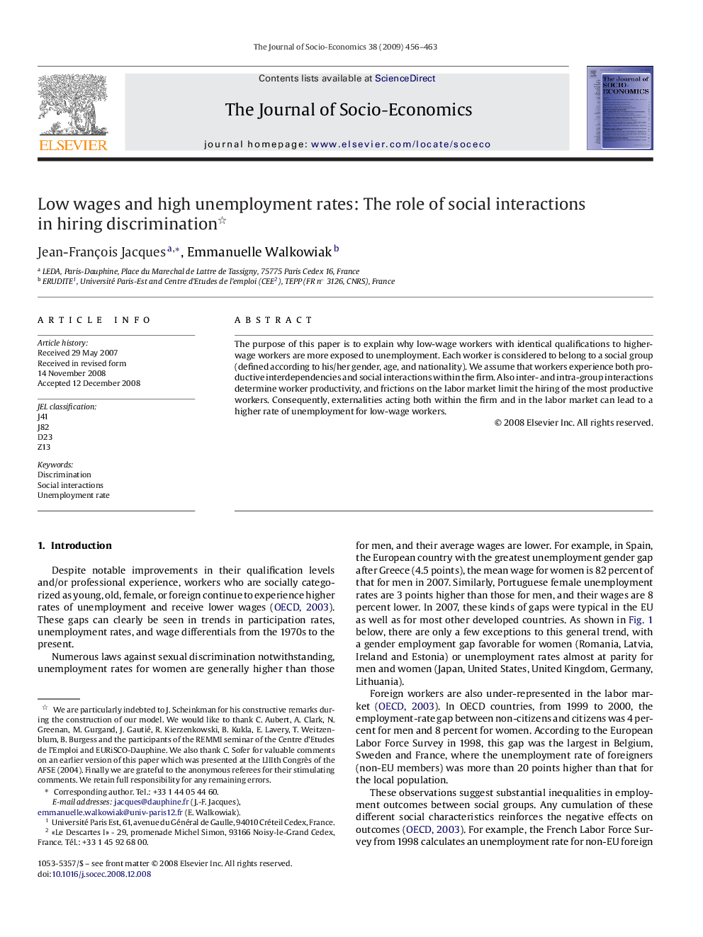 Low wages and high unemployment rates: The role of social interactions in hiring discrimination 