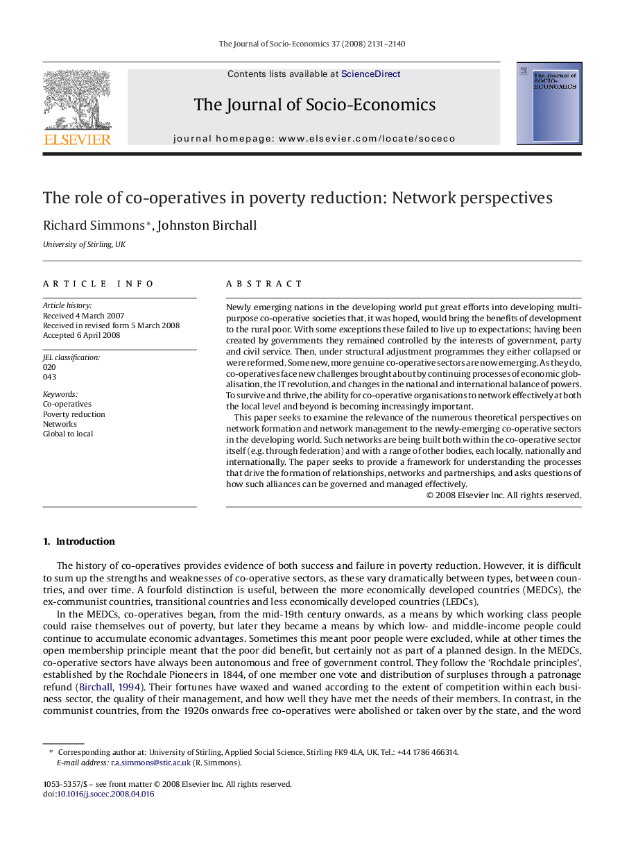 The role of co-operatives in poverty reduction: Network perspectives