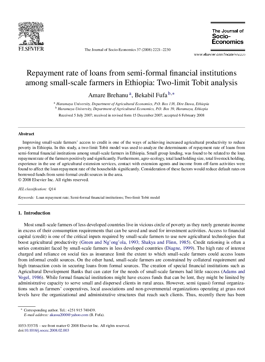 Repayment rate of loans from semi-formal financial institutions among small-scale farmers in Ethiopia: Two-limit Tobit analysis