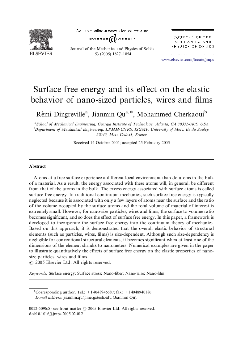 Surface free energy and its effect on the elastic behavior of nano-sized particles, wires and films