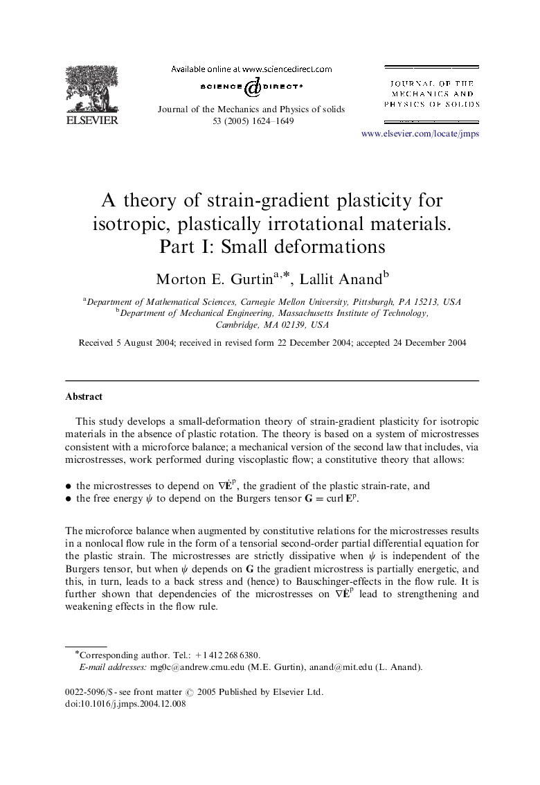 A theory of strain-gradient plasticity for isotropic, plastically irrotational materials. Part I: Small deformations