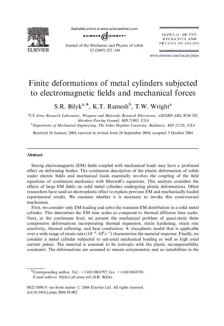 Finite deformations of metal cylinders subjected to electromagnetic fields and mechanical forces