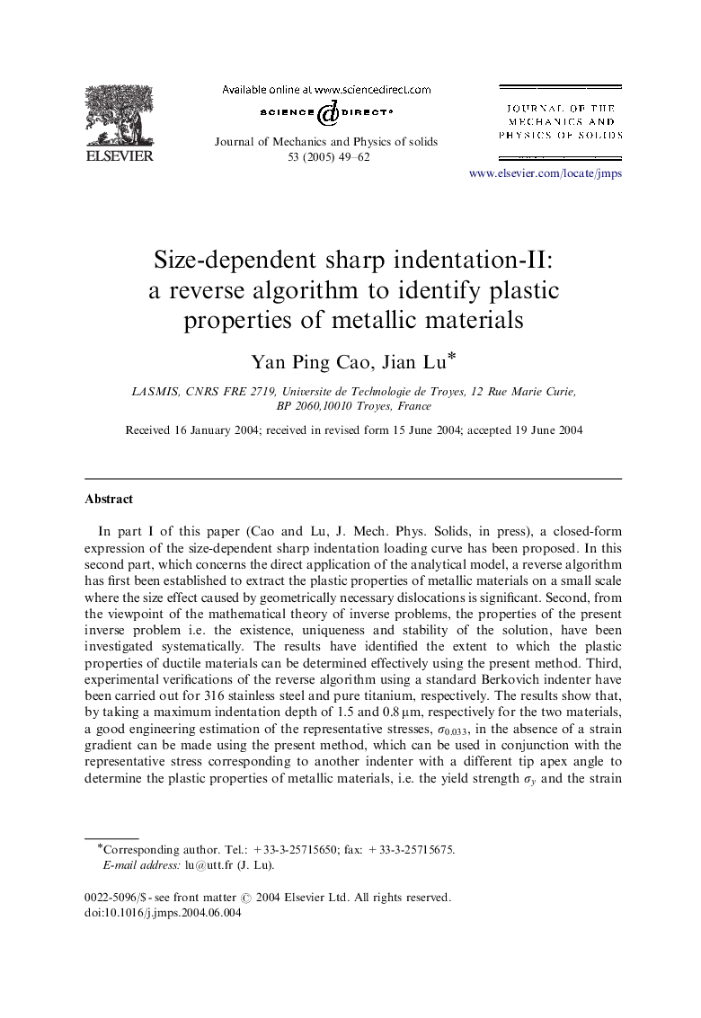 Size-dependent sharp indentation-II: a reverse algorithm to identify plastic properties of metallic materials