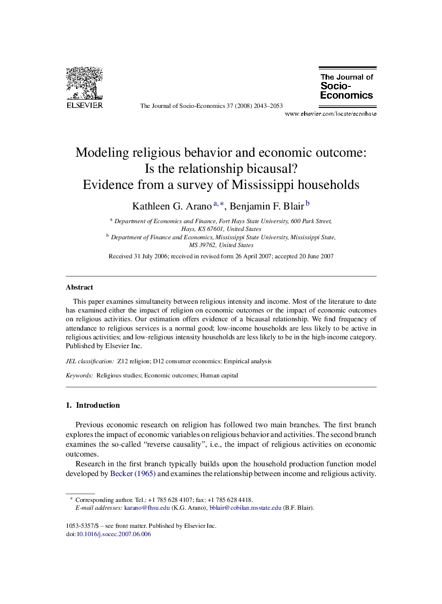 Modeling religious behavior and economic outcome: Is the relationship bicausal?: Evidence from a survey of Mississippi households