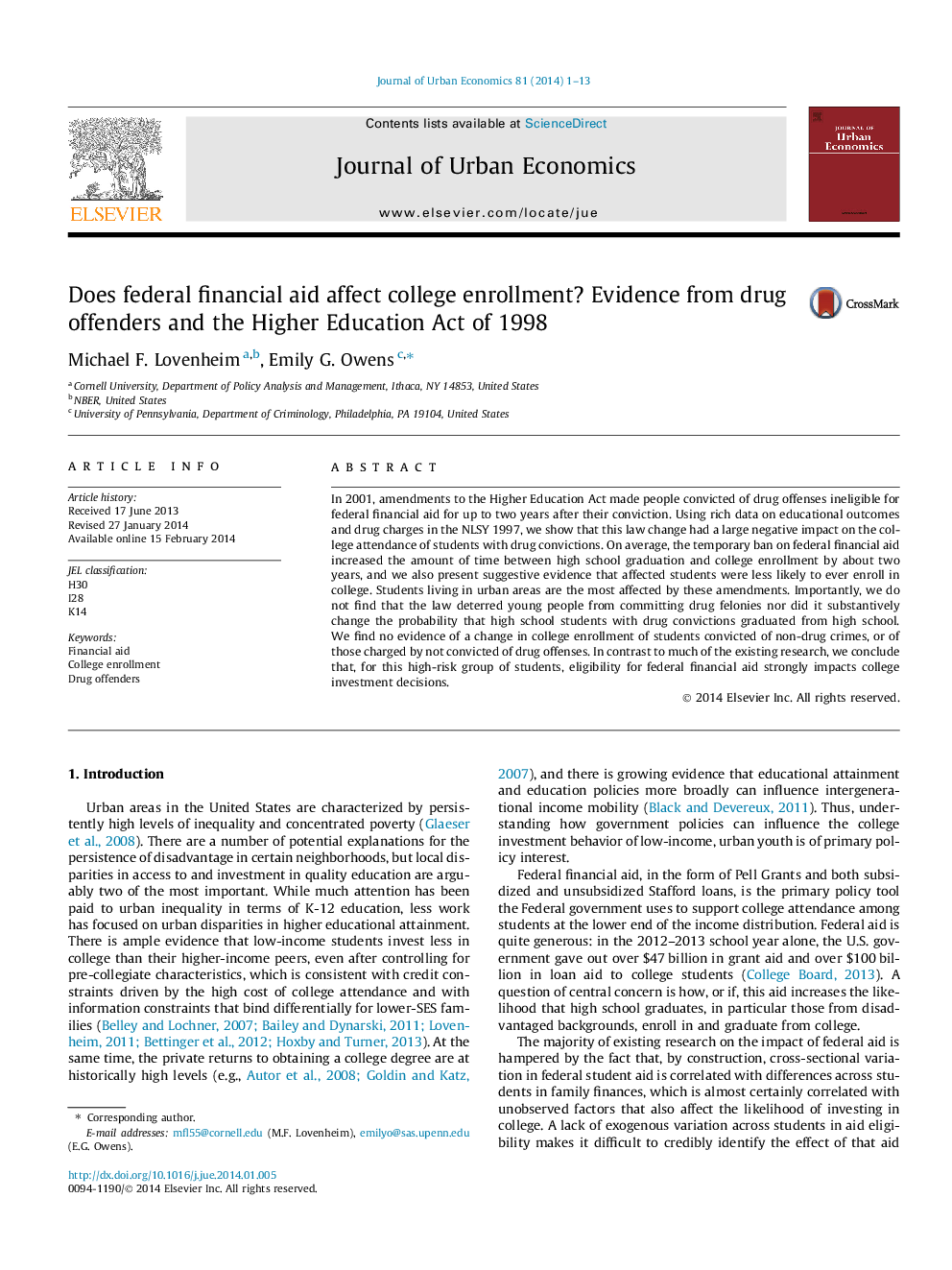 Does federal financial aid affect college enrollment? Evidence from drug offenders and the Higher Education Act of 1998