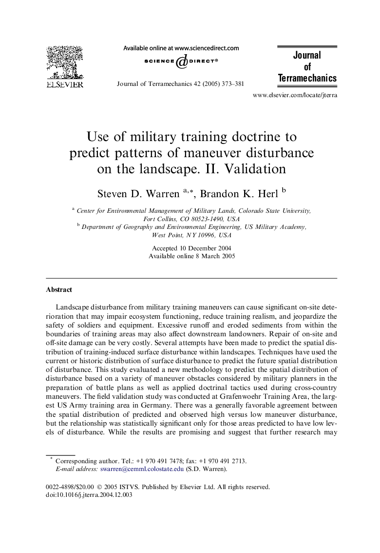 Use of military training doctrine to predict patterns of maneuver disturbance on the landscape. II. Validation