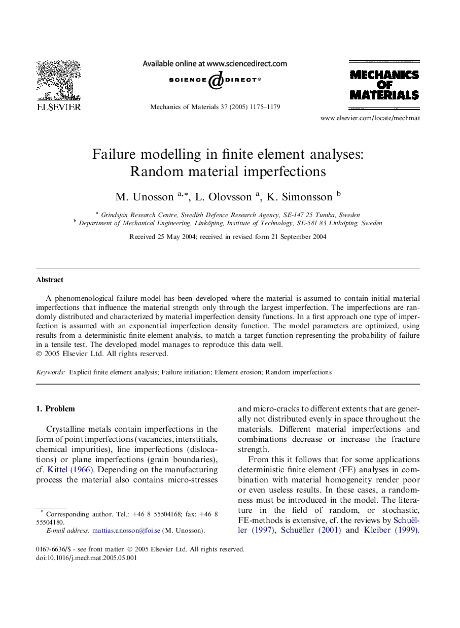 Failure modelling in finite element analyses: Random material imperfections