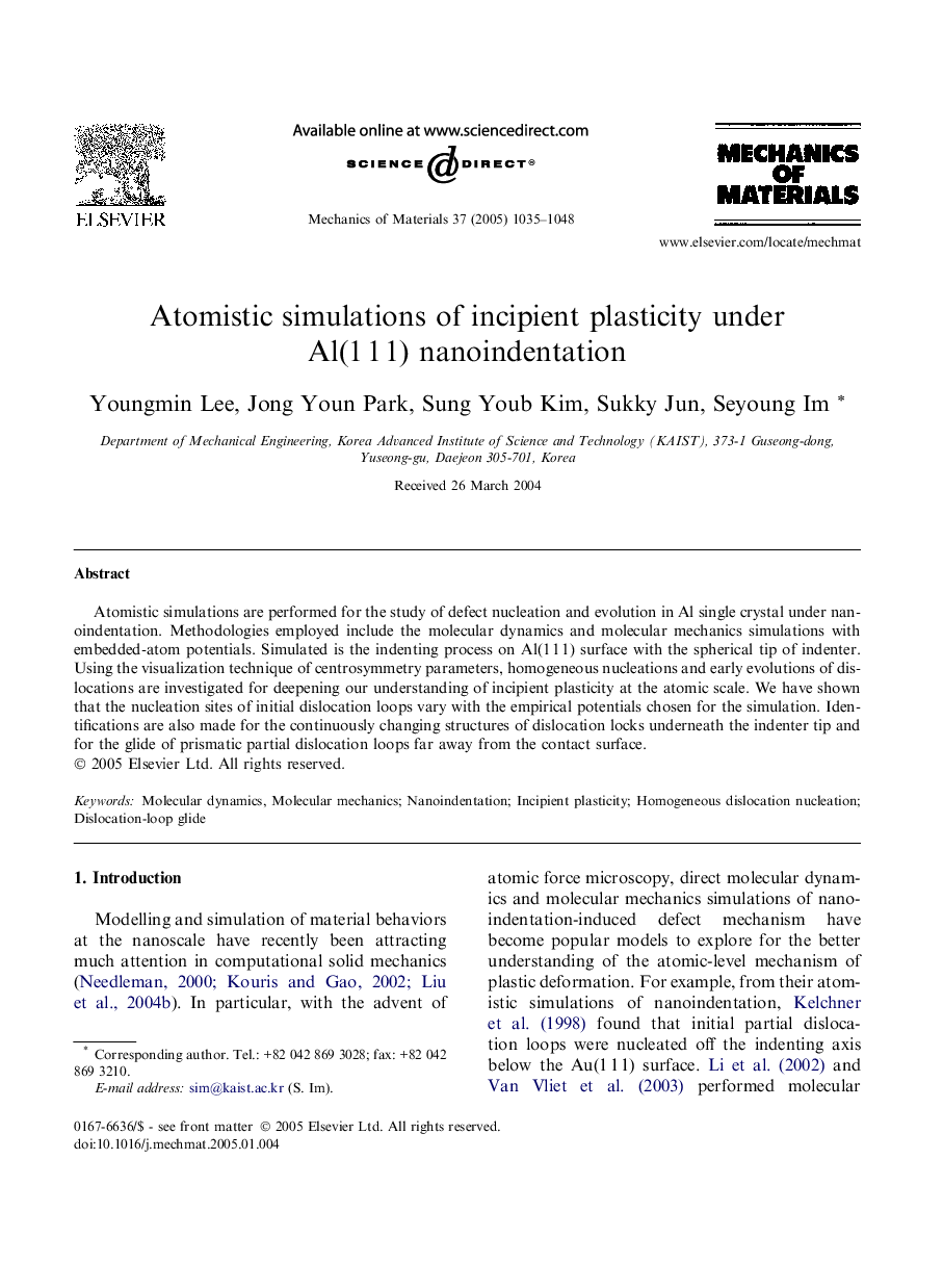 Atomistic simulations of incipient plasticity under Al(1Â 1Â 1) nanoindentation