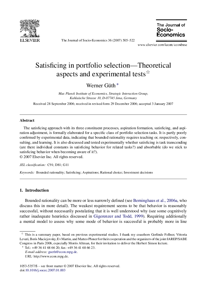 Satisficing in portfolio selection—Theoretical aspects and experimental tests 