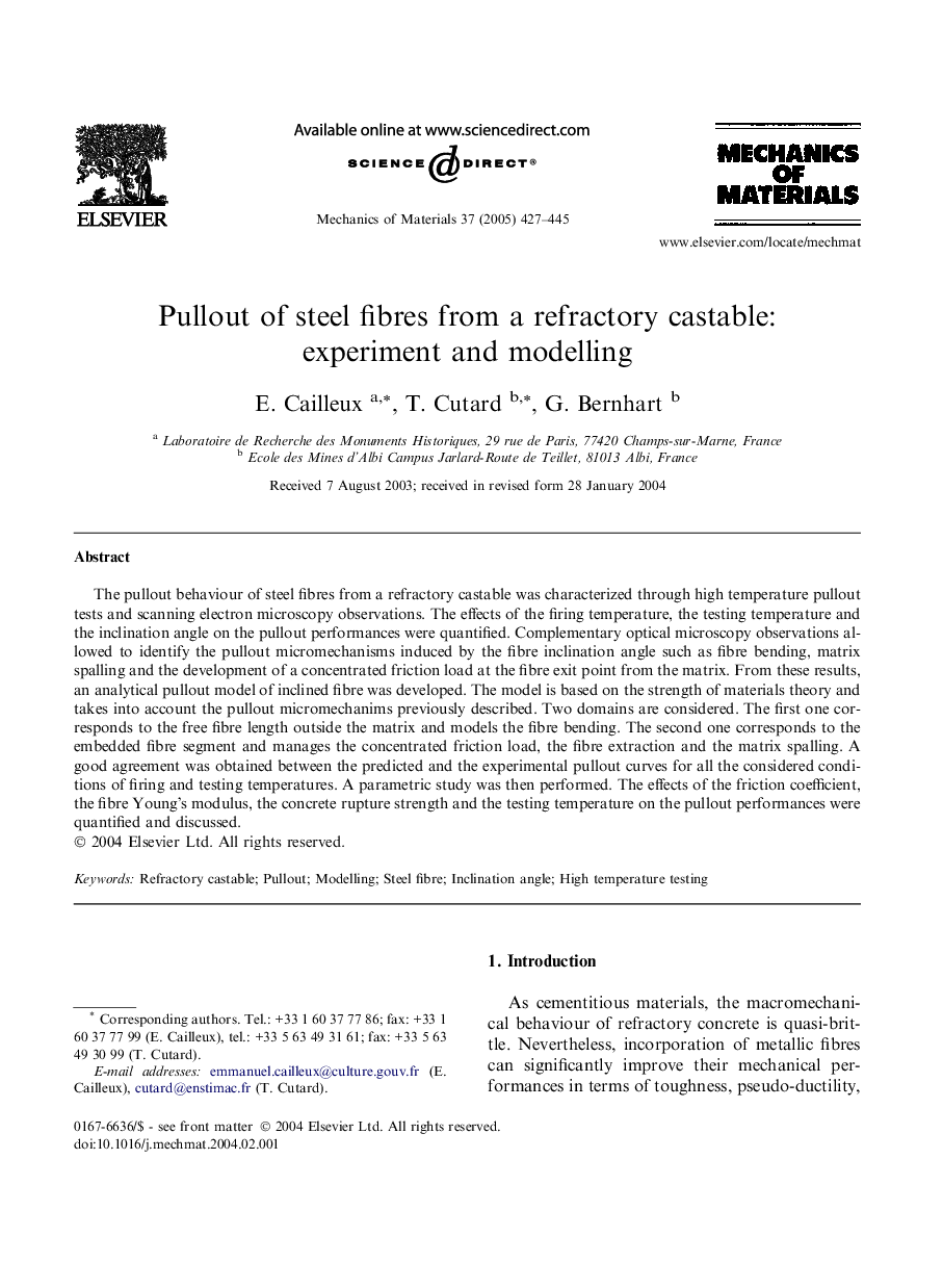 Pullout of steel fibres from a refractory castable: experiment and modelling