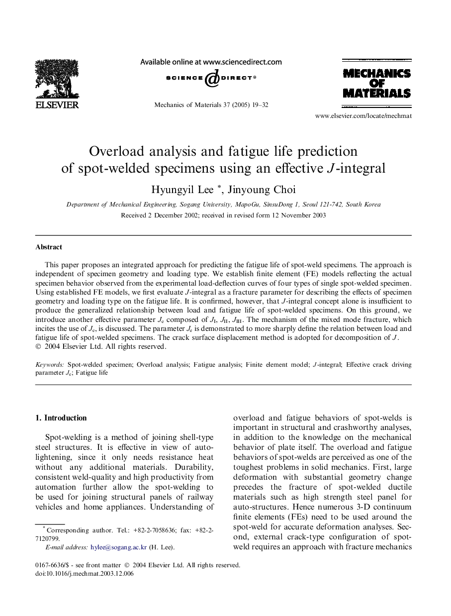 Overload analysis and fatigue life prediction of spot-welded specimens using an effective J-integral