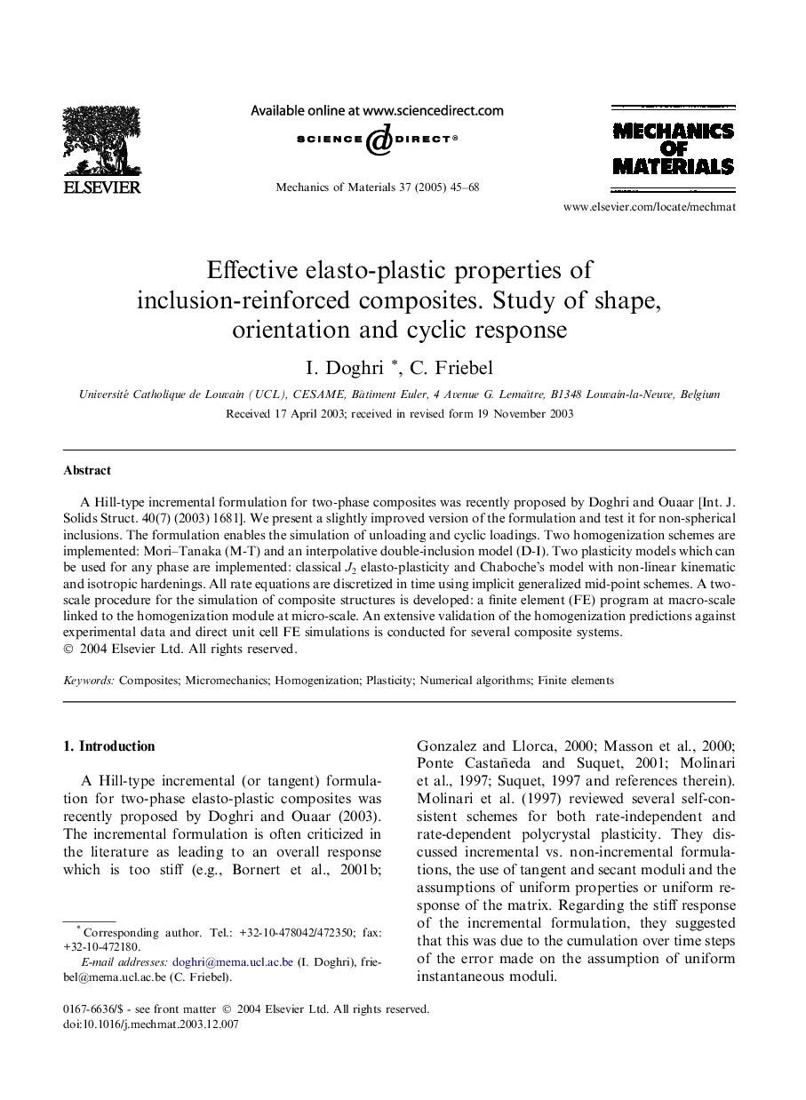 Effective elasto-plastic properties of inclusion-reinforced composites. Study of shape, orientation and cyclic response