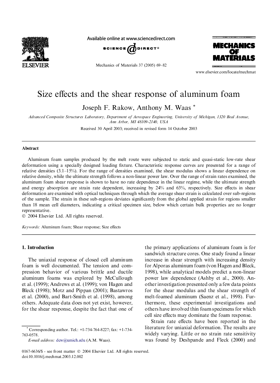 Size effects and the shear response of aluminum foam