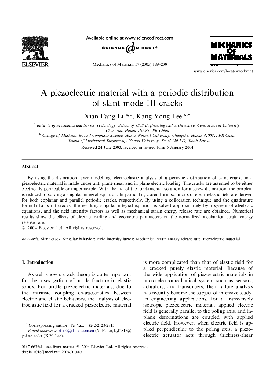 A piezoelectric material with a periodic distribution of slant mode-III cracks