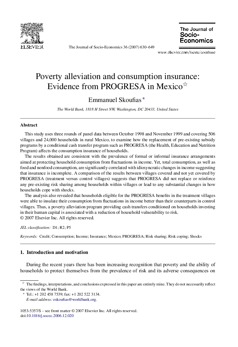 Poverty alleviation and consumption insurance: Evidence from PROGRESA in Mexico 