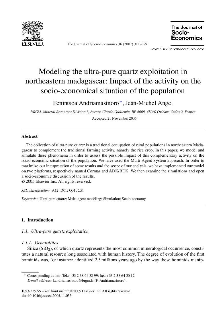 Modeling the ultra-pure quartz exploitation in northeastern madagascar: Impact of the activity on the socio-economical situation of the population