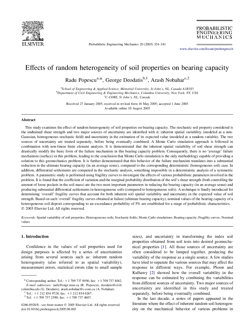Effects of random heterogeneity of soil properties on bearing capacity