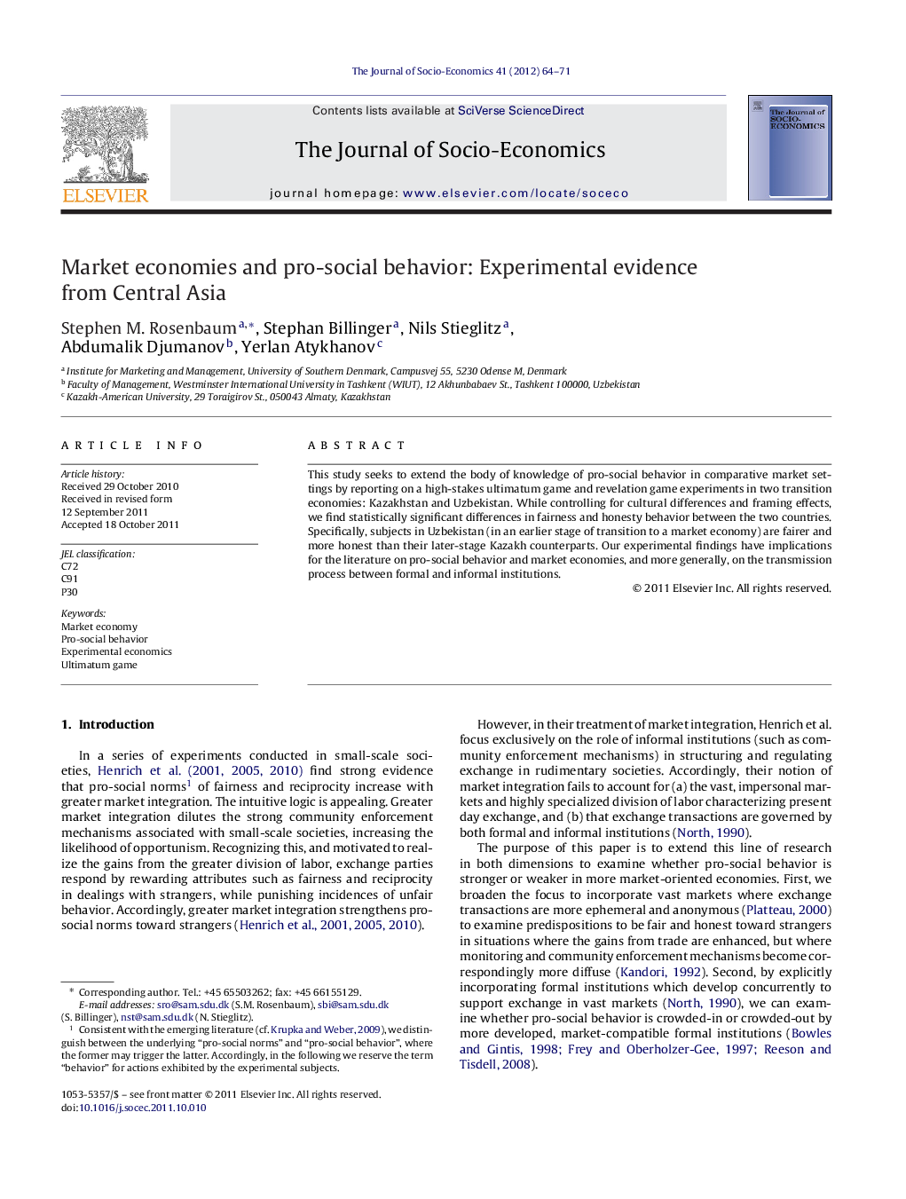 Market economies and pro-social behavior: Experimental evidence from Central Asia