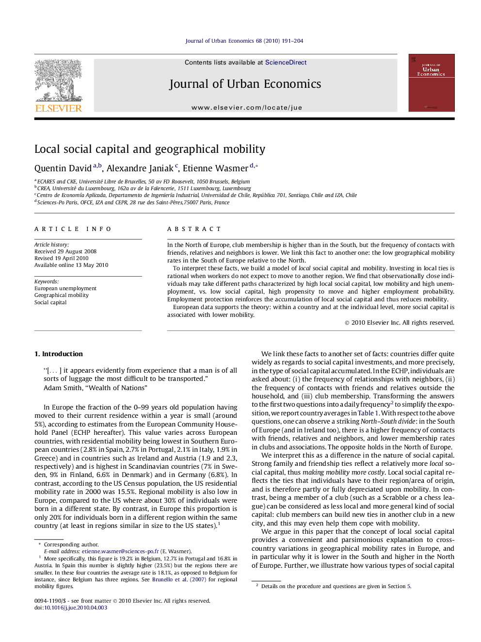 Local social capital and geographical mobility