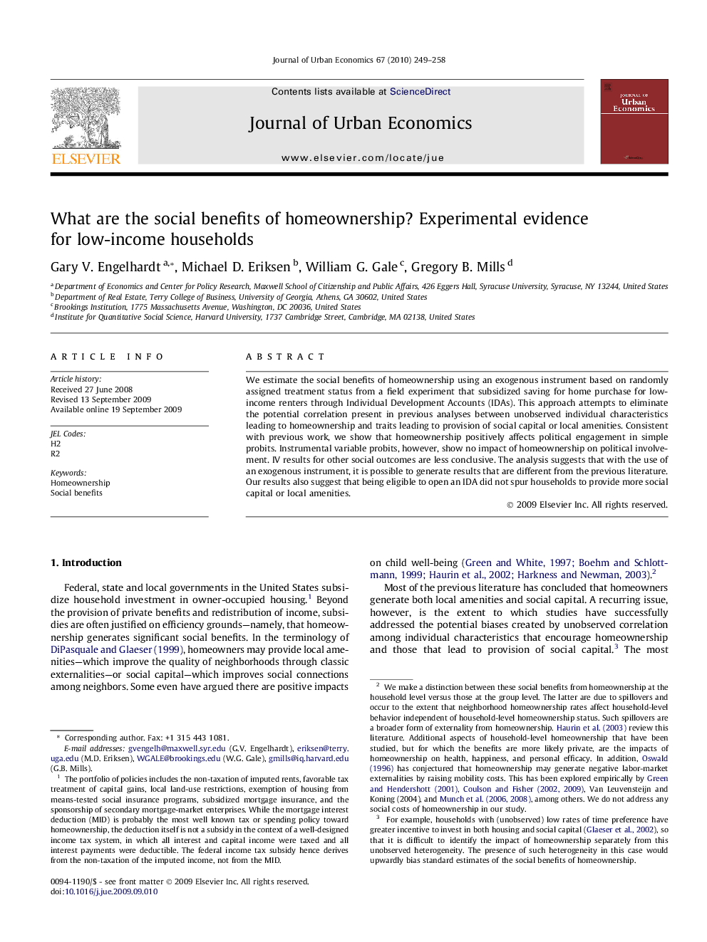 What are the social benefits of homeownership? Experimental evidence for low-income households