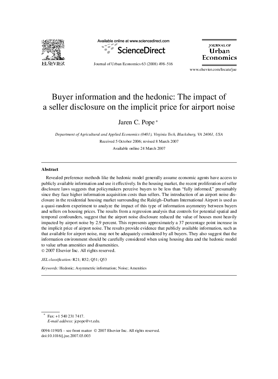 Buyer information and the hedonic: The impact of a seller disclosure on the implicit price for airport noise