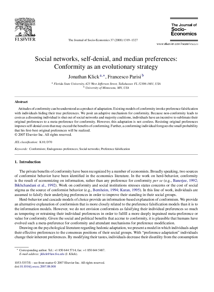 Social networks, self-denial, and median preferences: Conformity as an evolutionary strategy