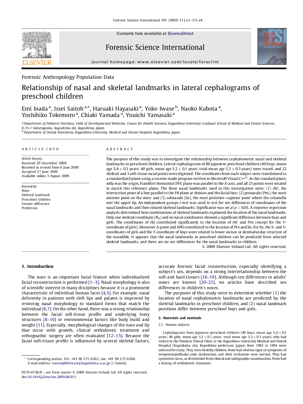 Relationship of nasal and skeletal landmarks in lateral cephalograms of preschool children