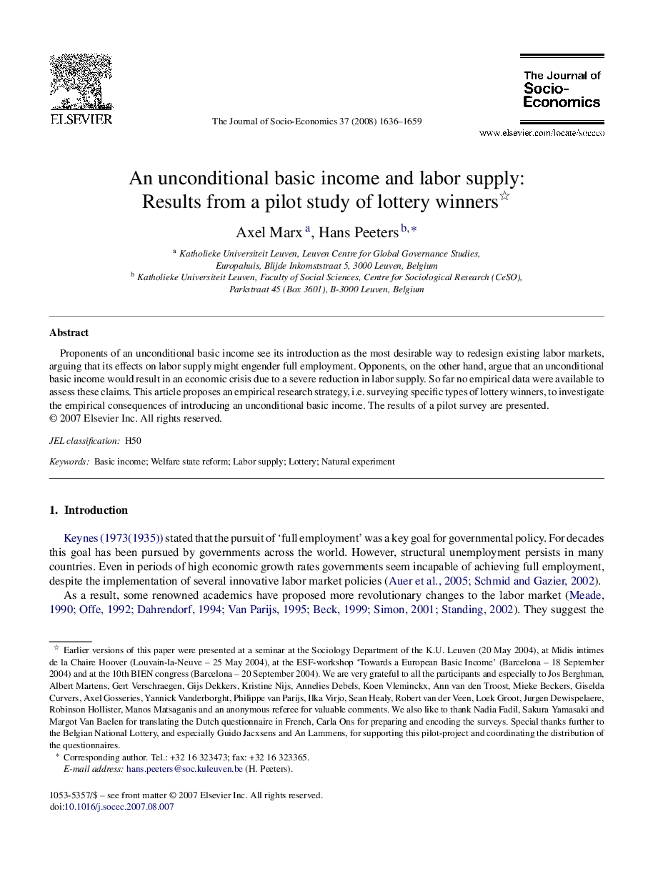 An unconditional basic income and labor supply: Results from a pilot study of lottery winners 