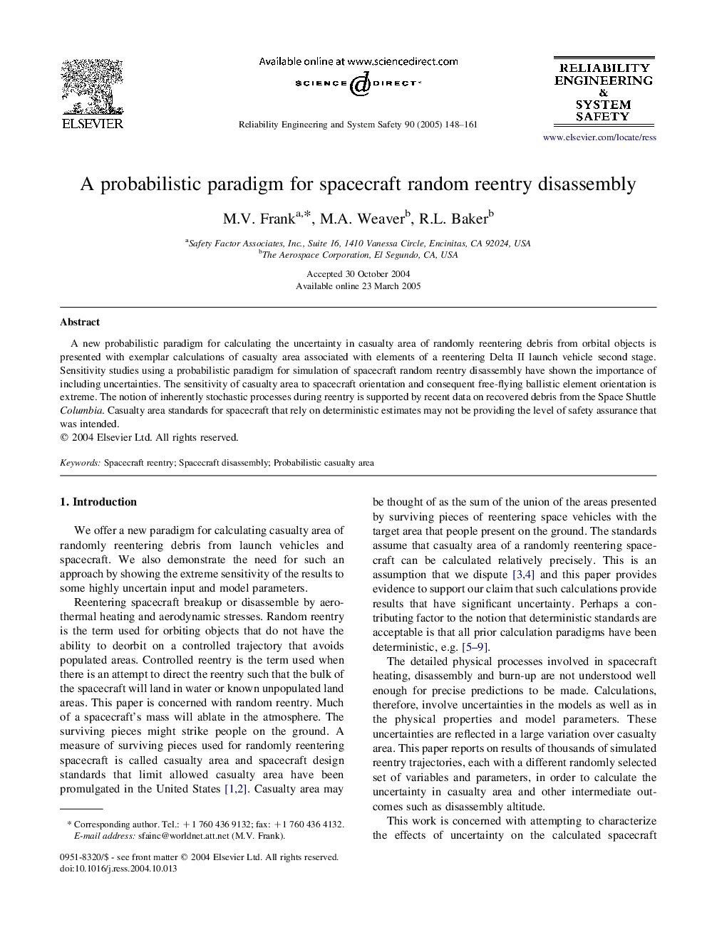 A probabilistic paradigm for spacecraft random reentry disassembly