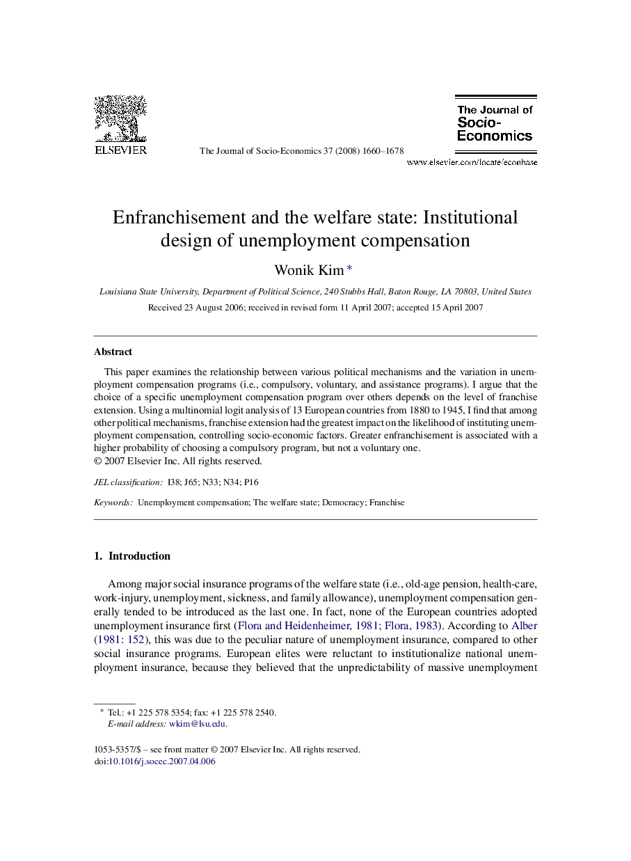 Enfranchisement and the welfare state: Institutional design of unemployment compensation