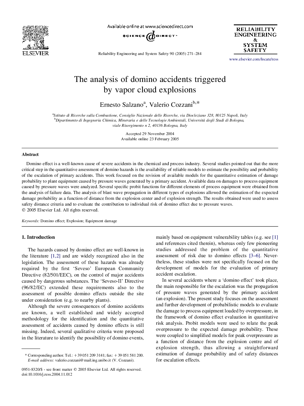 The analysis of domino accidents triggered by vapor cloud explosions