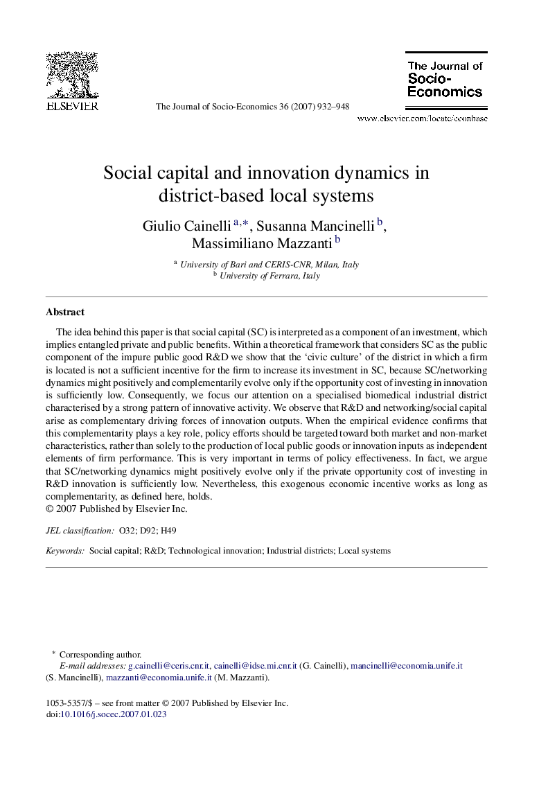 Social capital and innovation dynamics in district-based local systems