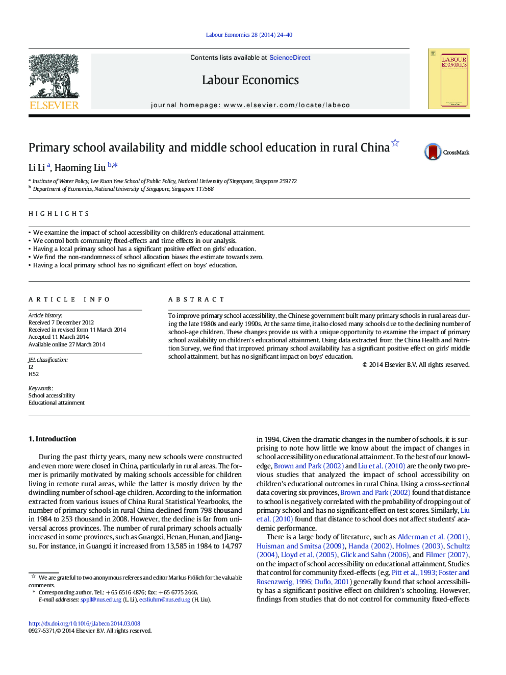 Primary school availability and middle school education in rural China 