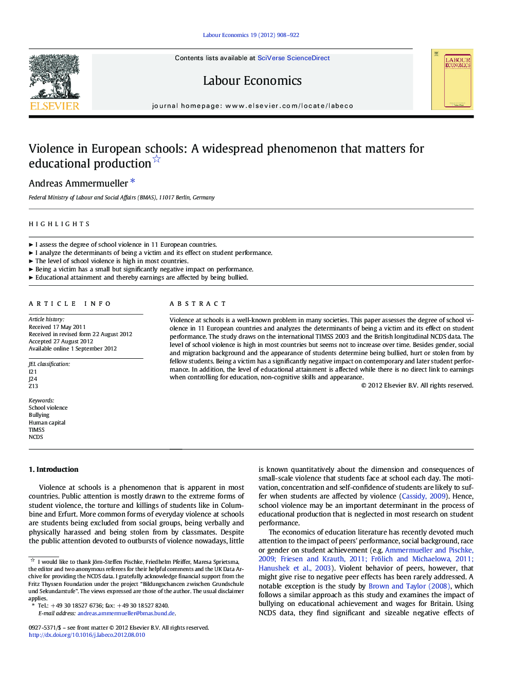 Violence in European schools: A widespread phenomenon that matters for educational production 