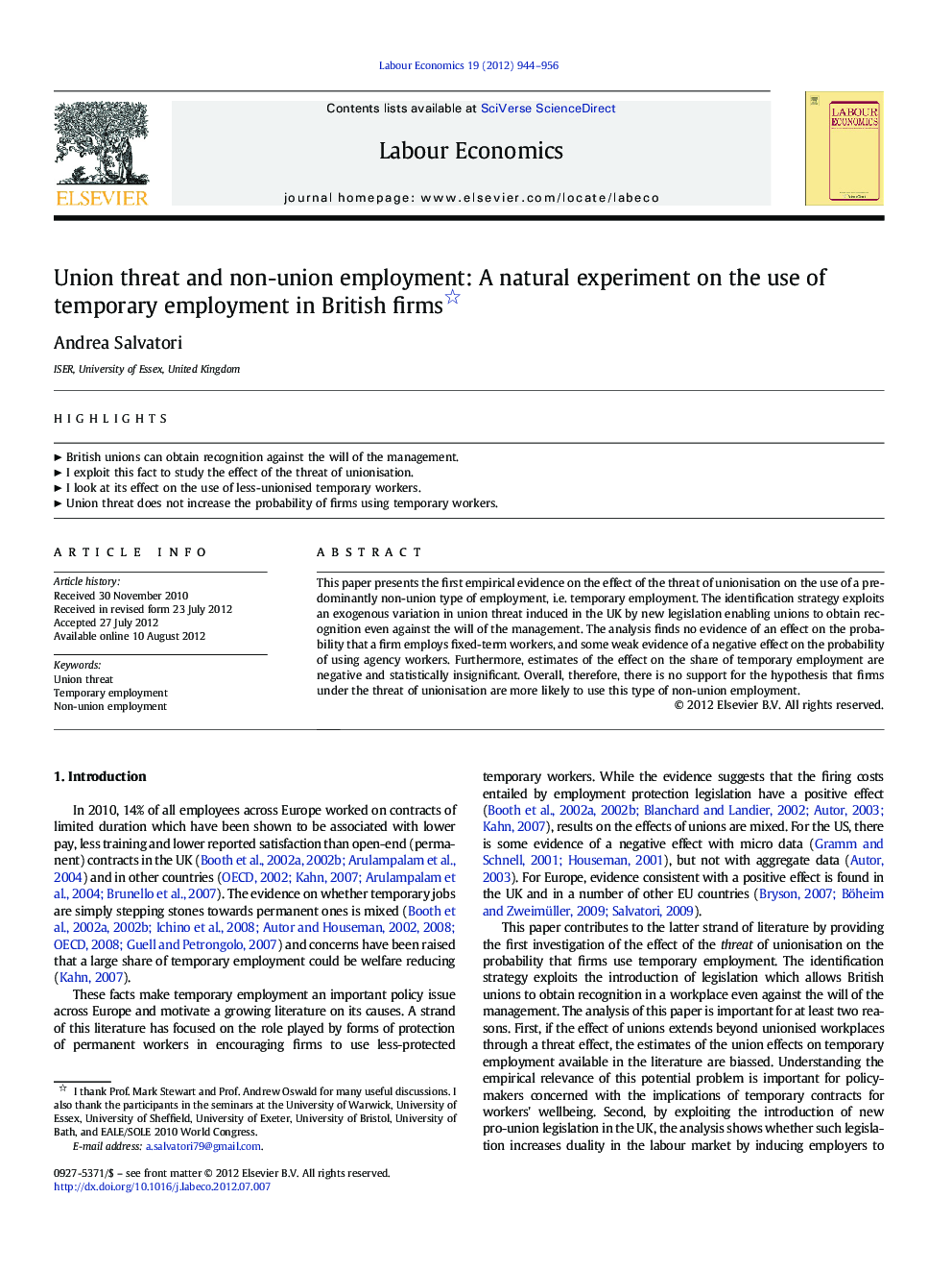 Union threat and non-union employment: A natural experiment on the use of temporary employment in British firms 